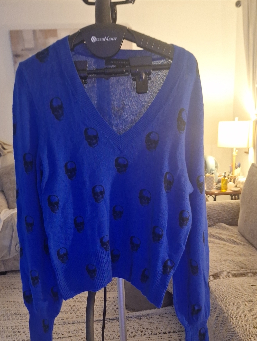 Women's Blue V-Neck Skull-Print Sweater